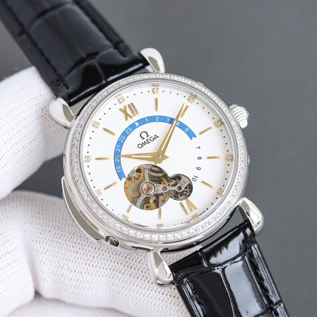 Luxury watch with black leather strap, silver case, white dial, diamond bezel, skeleton movement