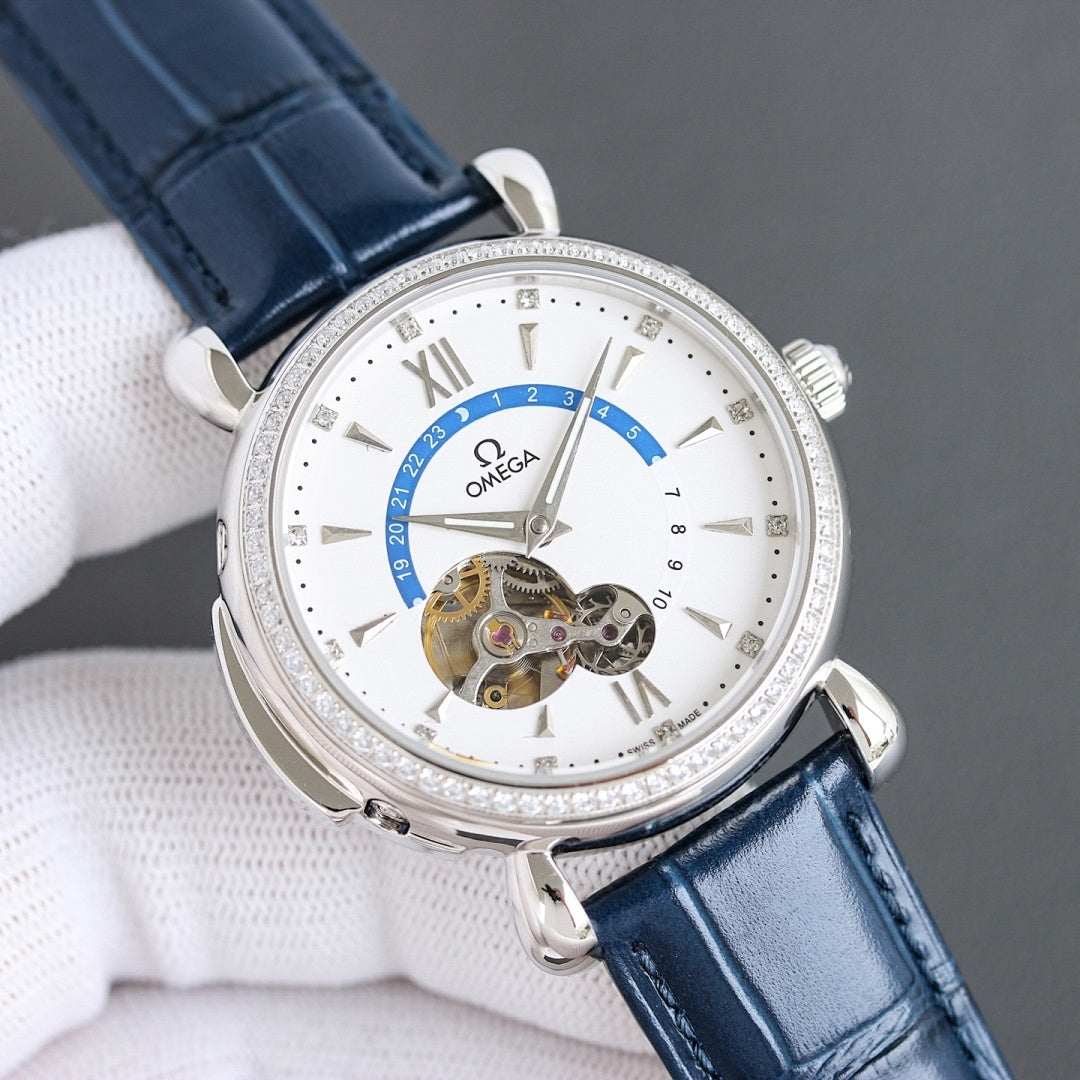 Luxury watch with blue leather strap, silver case, white dial, diamond bezel, skeleton movement