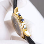 Vacheron Constantin watch side profile with diamond bezel and black leather strap