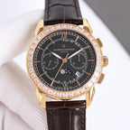 Vacheron Constantin watch with black dial, rose-gold case, diamond bezel, black leather strap