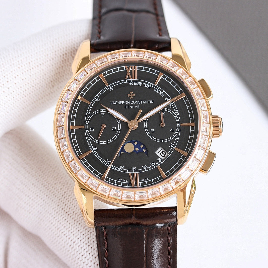 Vacheron Constantin watch with black dial, rose-gold case, diamond bezel, black leather strap