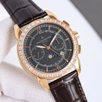 Vacheron Constantin watch with black dial, rose-gold case, diamond bezel, leather strap