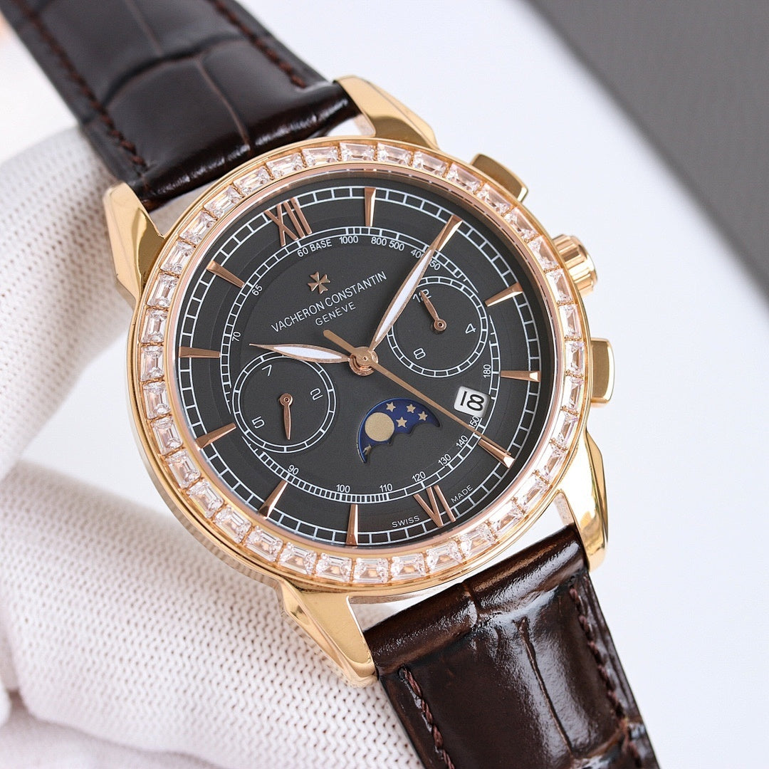 Vacheron Constantin watch with black dial, rose-gold case, diamond bezel, leather strap