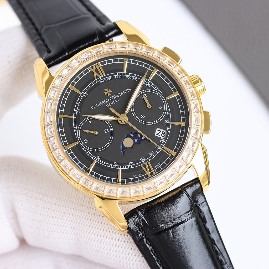 Vacheron Constantin watch angled view with black dial, gold case, diamond bezel, black leather