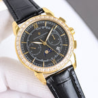 Vacheron Constantin watch angled view with black dial, gold case, diamond bezel, black leather