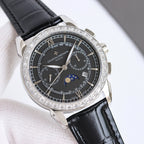 Vacheron Constantin watch angled view with black dial, silver case, diamond bezel, black leather