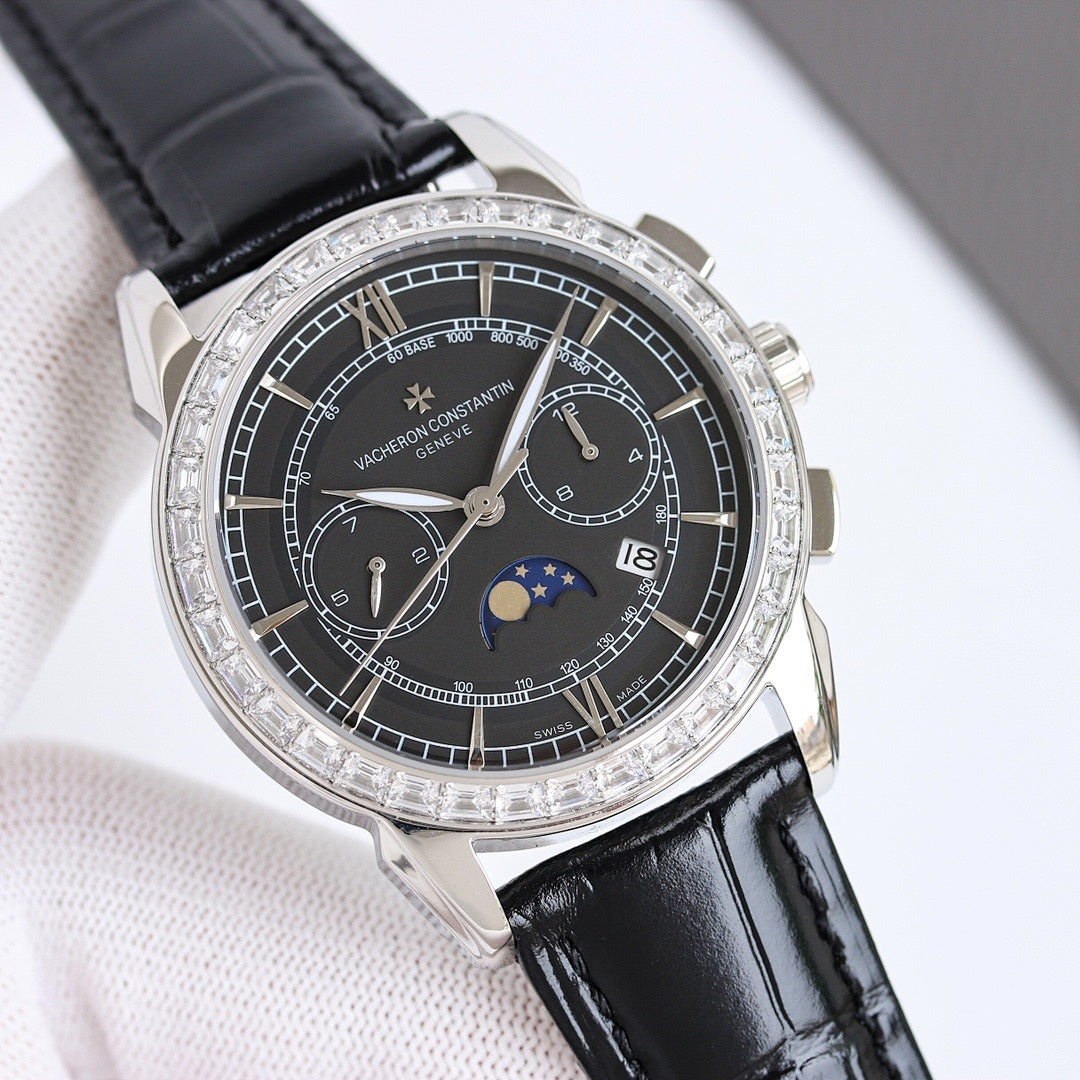 Vacheron Constantin watch angled view with black dial, silver case, diamond bezel, black leather
