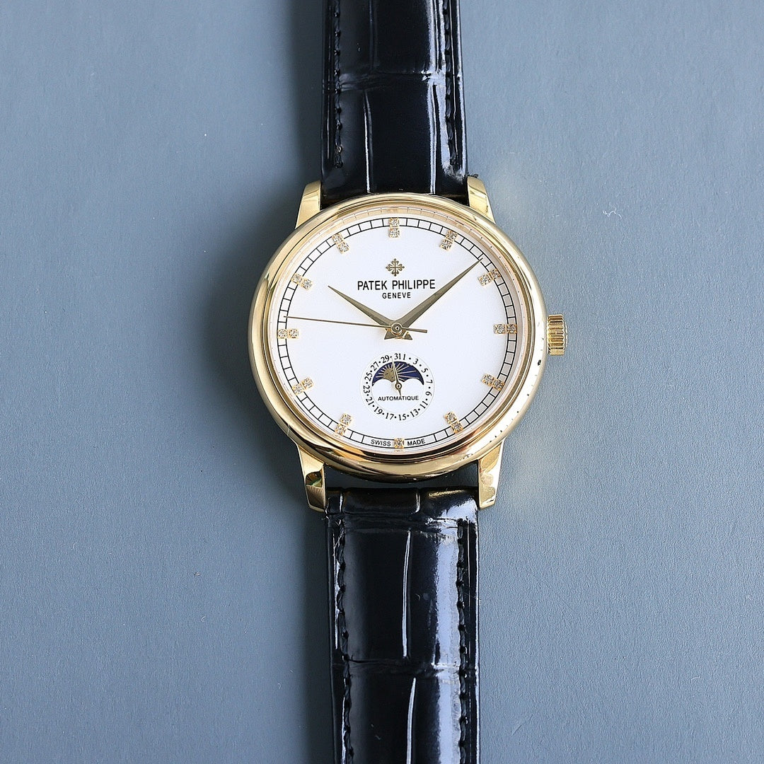 Gold wristwatch with white dial and black leather strap; baton hour markers.
