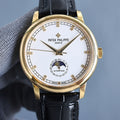 Gold wristwatch with white dial and black leather strap; baton markers and three hands.