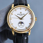 Gold wristwatch with white dial and black leather strap; baton markers and three hands.