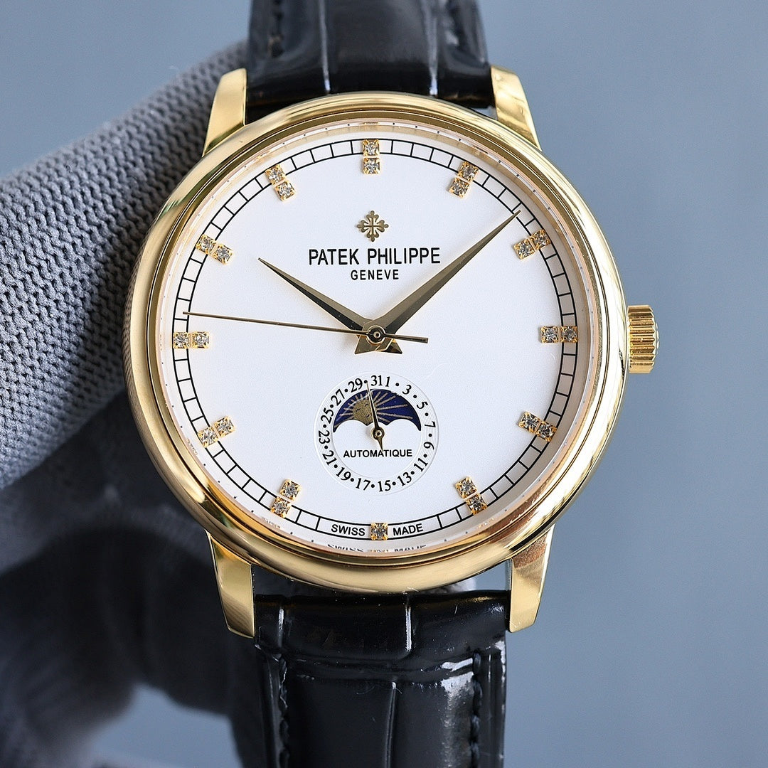 Gold wristwatch with white dial and black leather strap; baton markers and three hands.