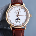 Gold wristwatch with white dial and brown leather strap; baton markers and moon-phase.