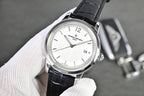 Vacheron Constantin round watch with white dial and black leather strap