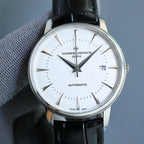 Automatic wristwatch with white dial, black leather strap, and blue date window