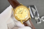Vacheron Constantin watch with gold-tone round case and brown leather strap