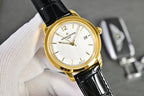 Vacheron Constantin watch with gold-tone case, white dial, black leather strap