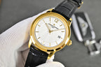 Vacheron Constantin watch with gold-tone case, white dial, black leather strap