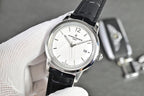 Vacheron Constantin watch with silver-tone case, white dial, black leather strap