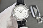 Vacheron Constantin watch with white dial, black leather strap, date window at 29