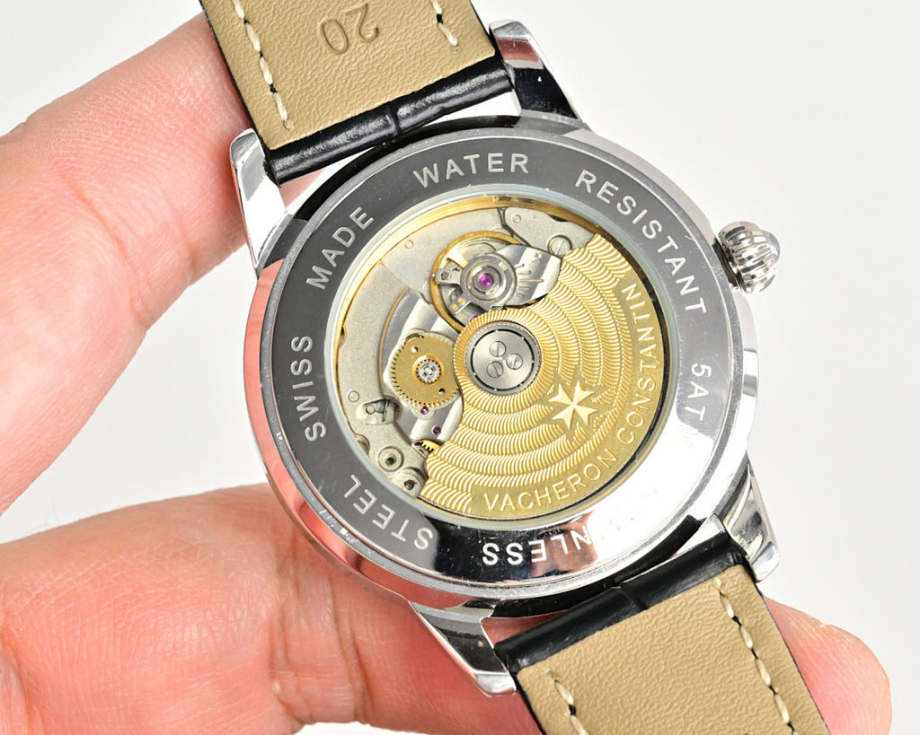 Vacheron Constantin watch caseback with visible movement and water resistance markings