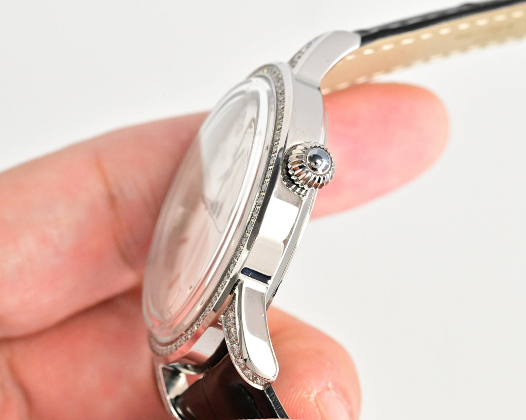 Vacheron Constantin watch side profile with crown and diamond bezel detail