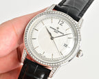 Vacheron Constantin watch with white dial, diamond bezel, black leather strap, round crown