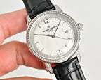Vacheron Constantin watch with white dial and diamond bezel, black leather strap
