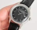 Vacheron Constantin watch with black dial, diamond bezel, black leather strap, slim profile