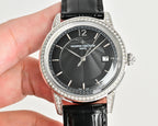 Vacheron Constantin watch with black dial, diamond bezel, black leather strap, round crown