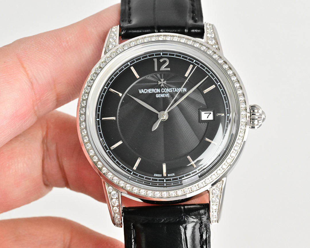 Vacheron Constantin watch with black dial, diamond bezel, black leather strap, round crown