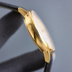 Vacheron Constantin watch case profile in gold tone with black leather strap