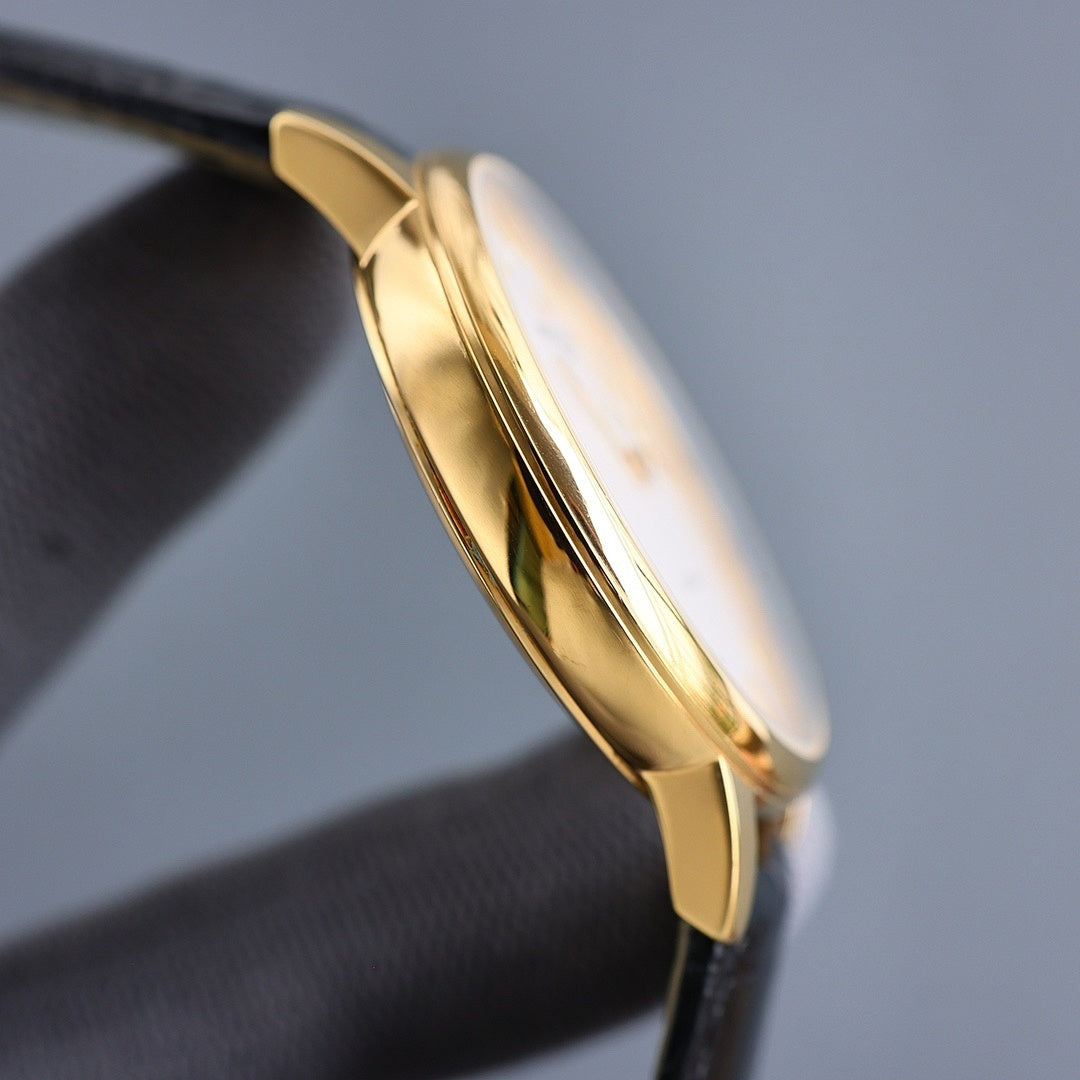 Vacheron Constantin watch case profile in gold tone with black leather strap