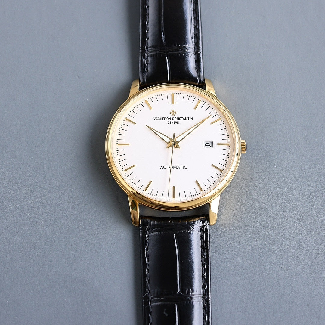 Vacheron Constantin automatic wristwatch with gold case, white dial, black leather strap