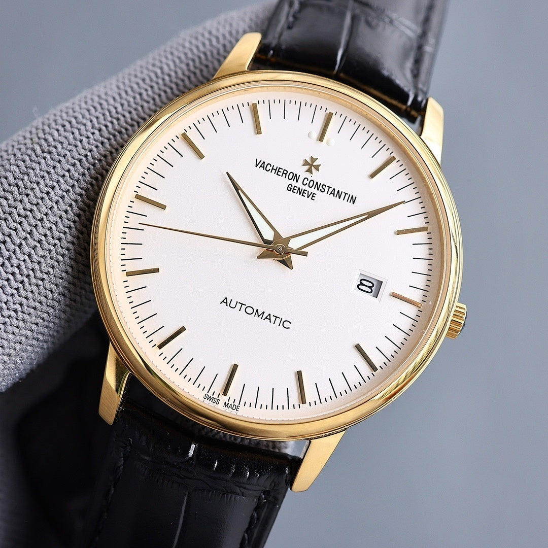 Vacheron Constantin automatic wristwatch with gold case, white dial, black leather strap