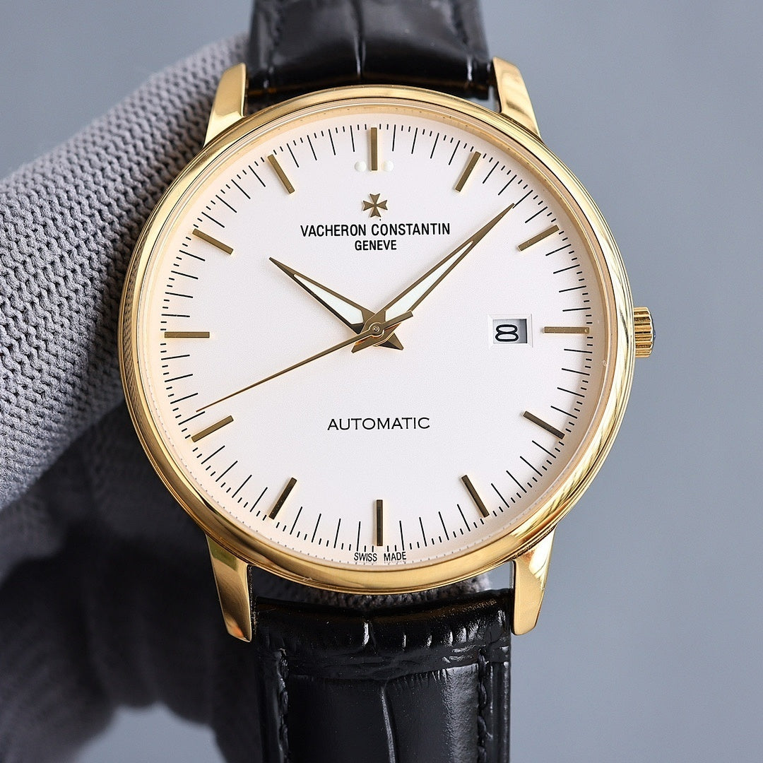 Vacheron Constantin automatic wristwatch with gold case, white dial, black leather strap