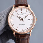 Vacheron Constantin automatic wristwatch with rose-gold tone case, white dial, brown leather strap