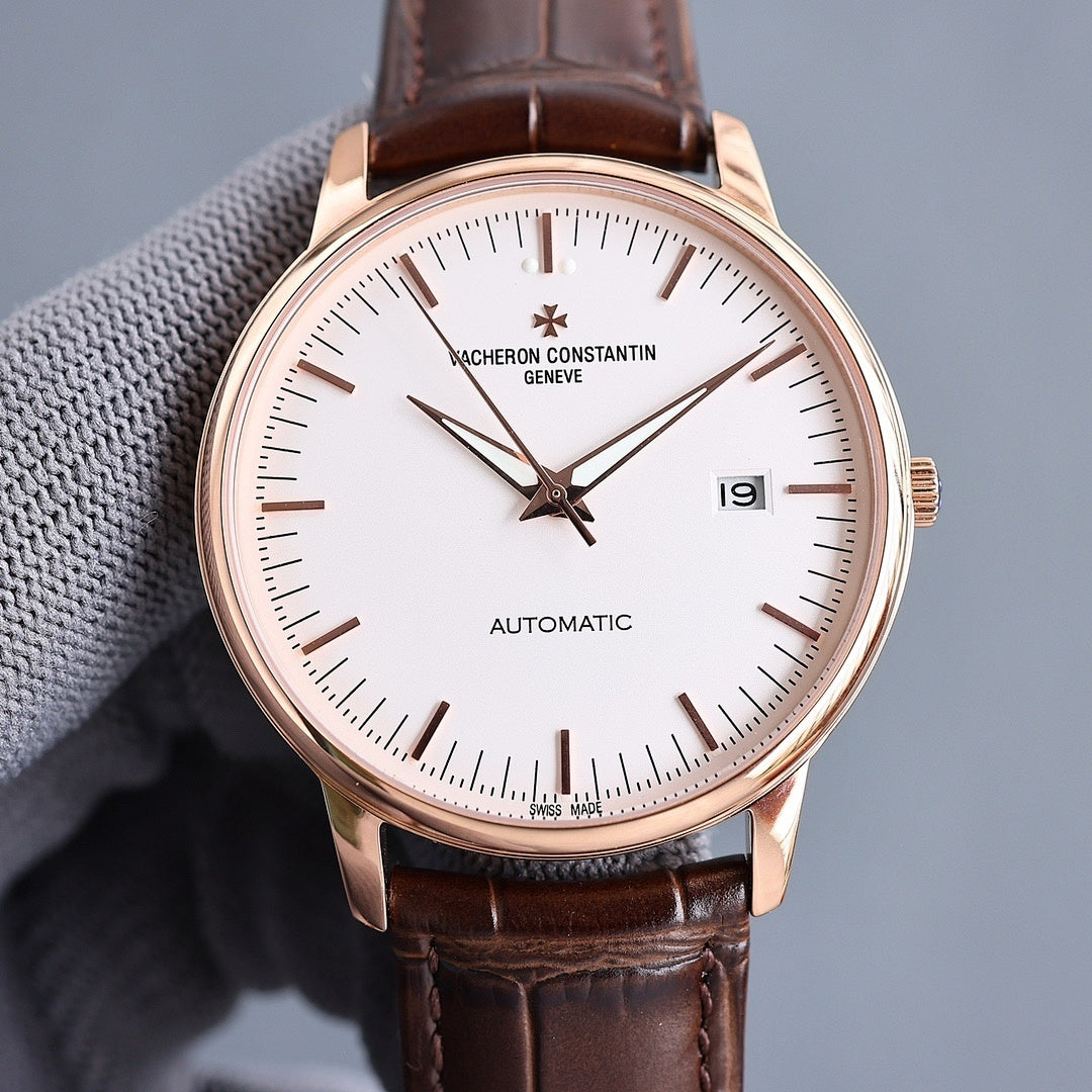 Vacheron Constantin automatic wristwatch with rose-gold tone case, white dial, brown leather strap