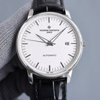 Vacheron Constantin automatic wristwatch with silver case, white dial, black leather strap