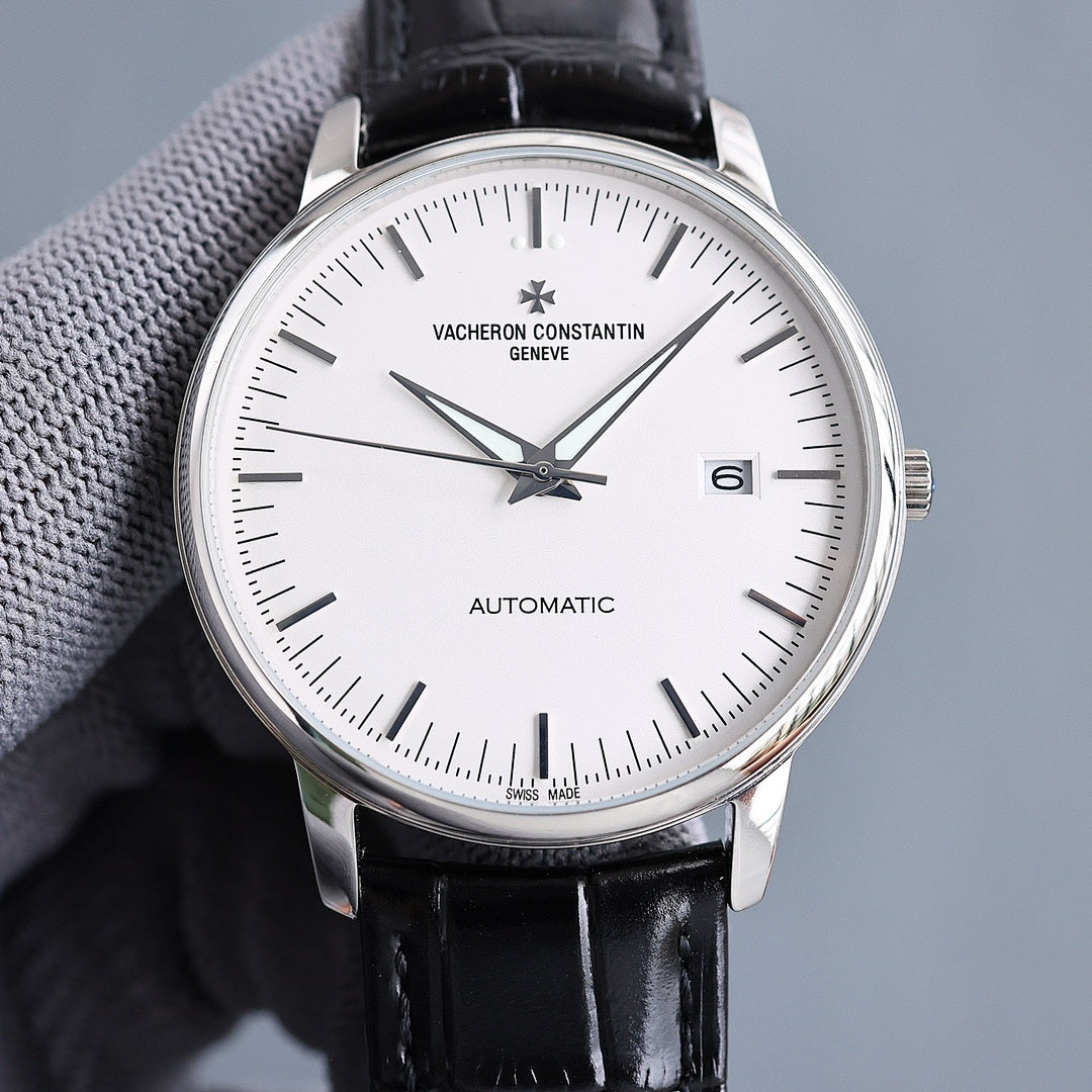 Vacheron Constantin automatic wristwatch with silver case, white dial, black leather strap