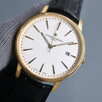 Vacheron Constantin wristwatch close-up: white dial, black leather strap, gold case, date at 8.