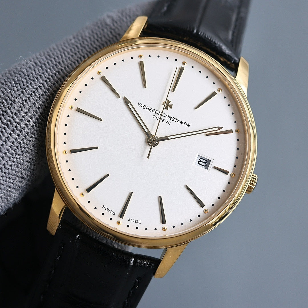Vacheron Constantin wristwatch close-up: white dial, black leather strap, gold case, date at 8.