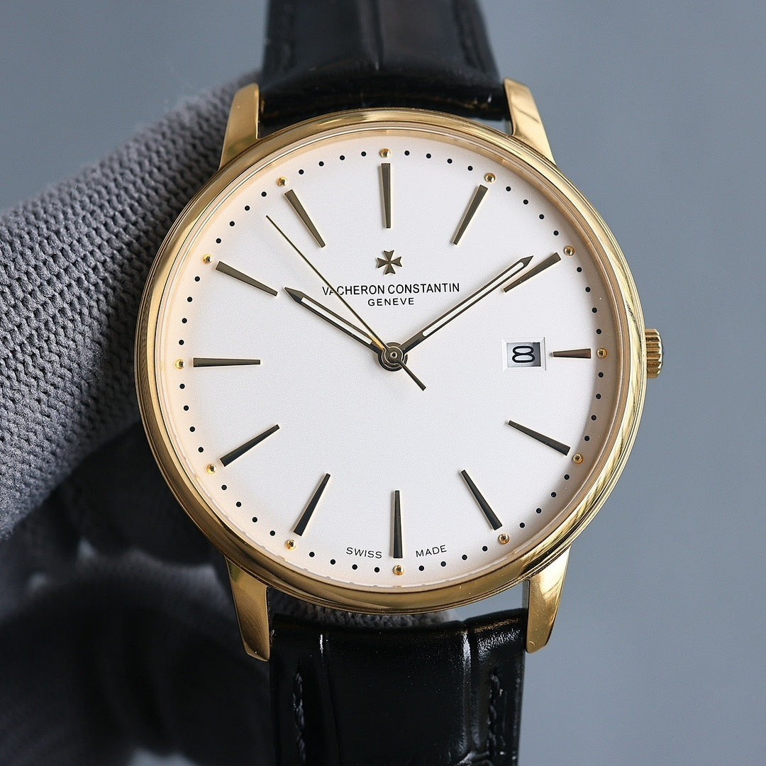 Vacheron Constantin wristwatch: white dial, black leather strap, gold case, date at 8.