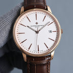 Vacheron Constantin wristwatch: white dial, brown leather strap, gold case, date at 7.
