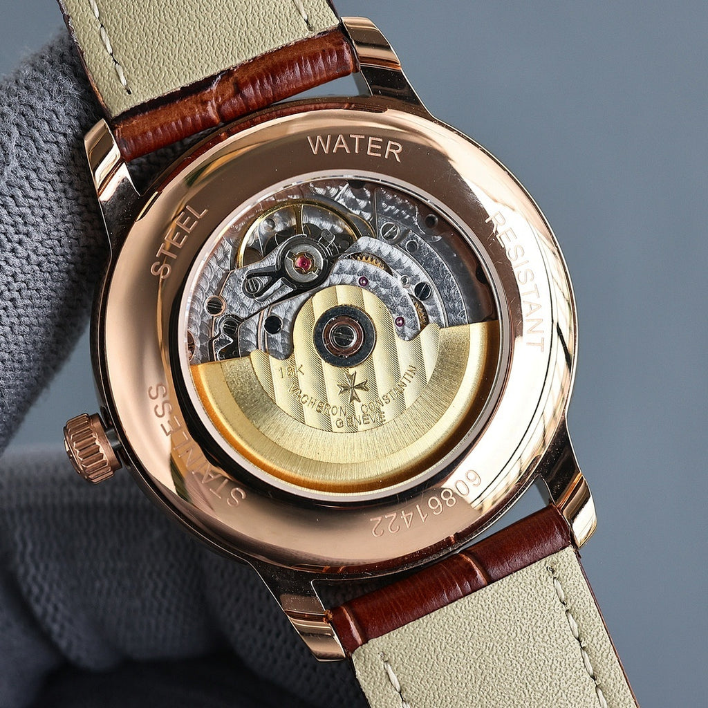 Vacheron Constantin automatic watch with open caseback and brown leather strap