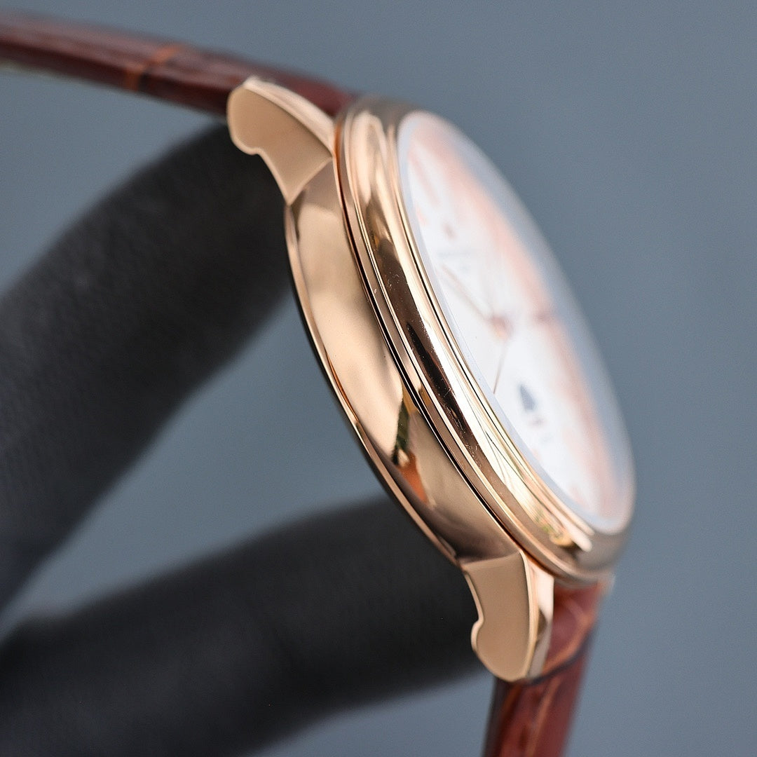 Vacheron Constantin gold-tone wristwatch case and crown with brown leather strap