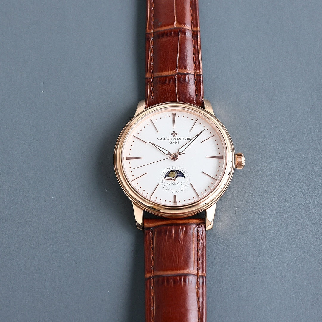 Vacheron Constantin automatic watch with white dial, moonphase, and brown leather strap