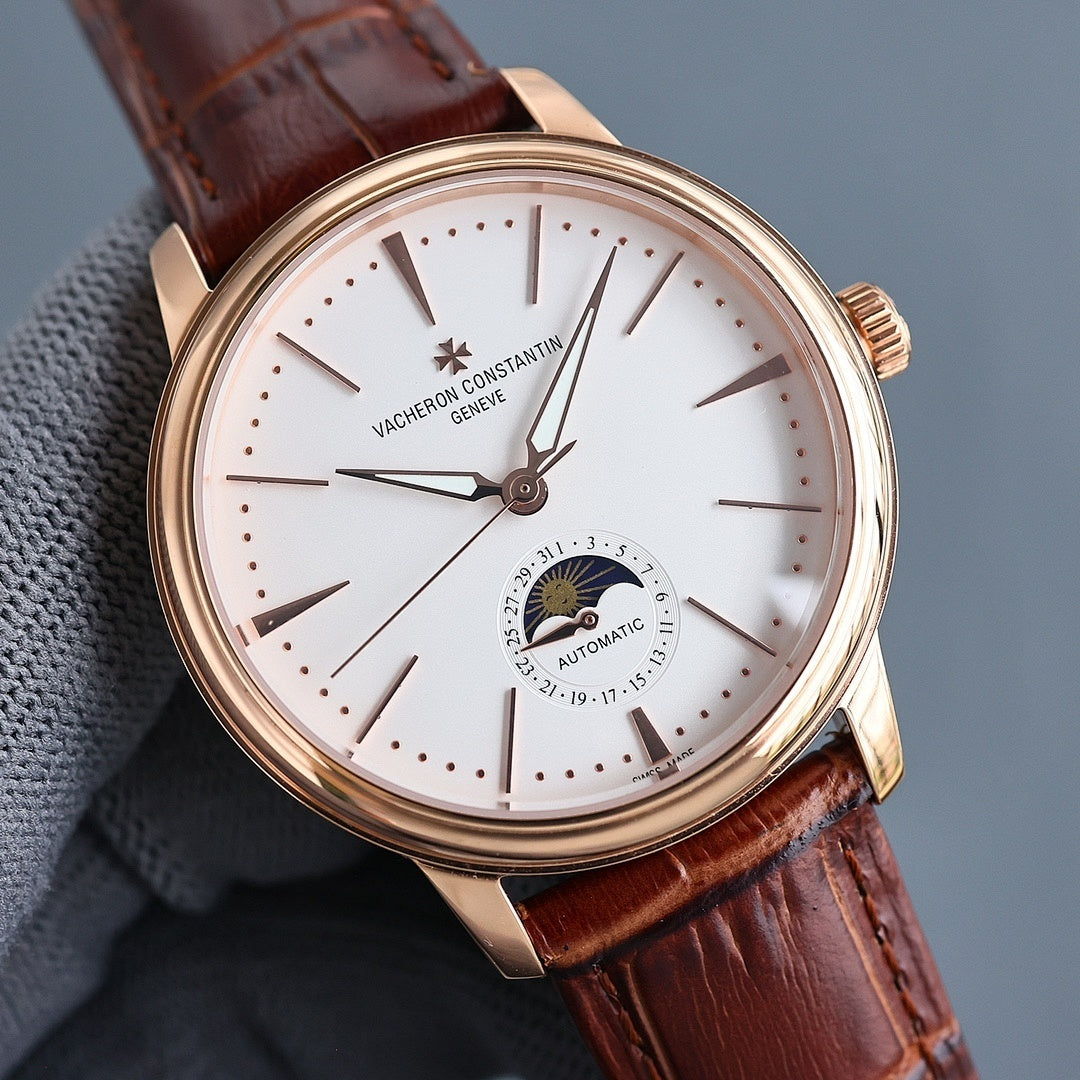 Vacheron Constantin automatic watch with white dial, gold case, and brown leather strap