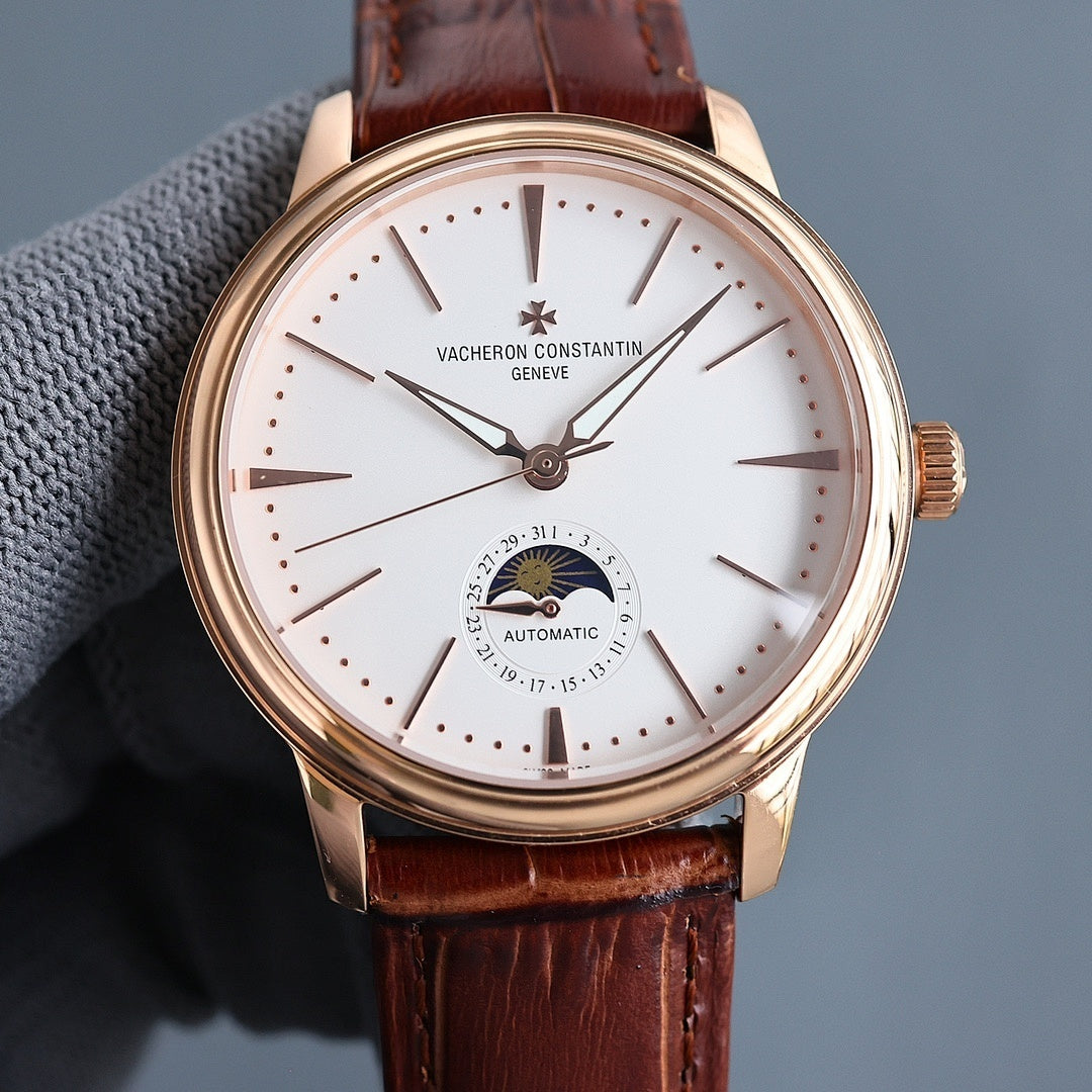 Vacheron Constantin automatic watch with white dial, moonphase, and brown leather strap