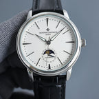Vacheron Constantin automatic watch with white dial and black leather strap, moonphase