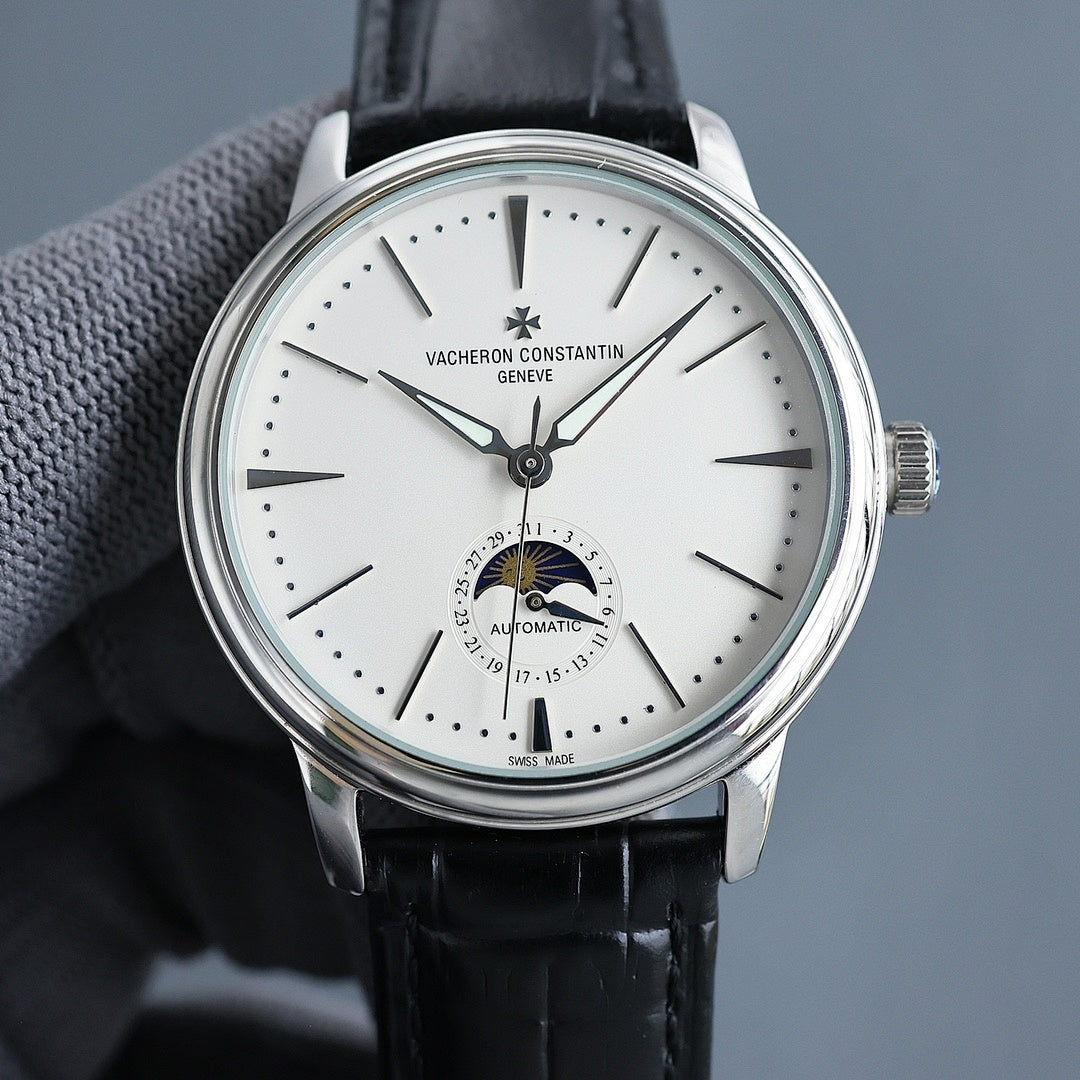 Vacheron Constantin automatic watch with white dial and black leather strap, moonphase